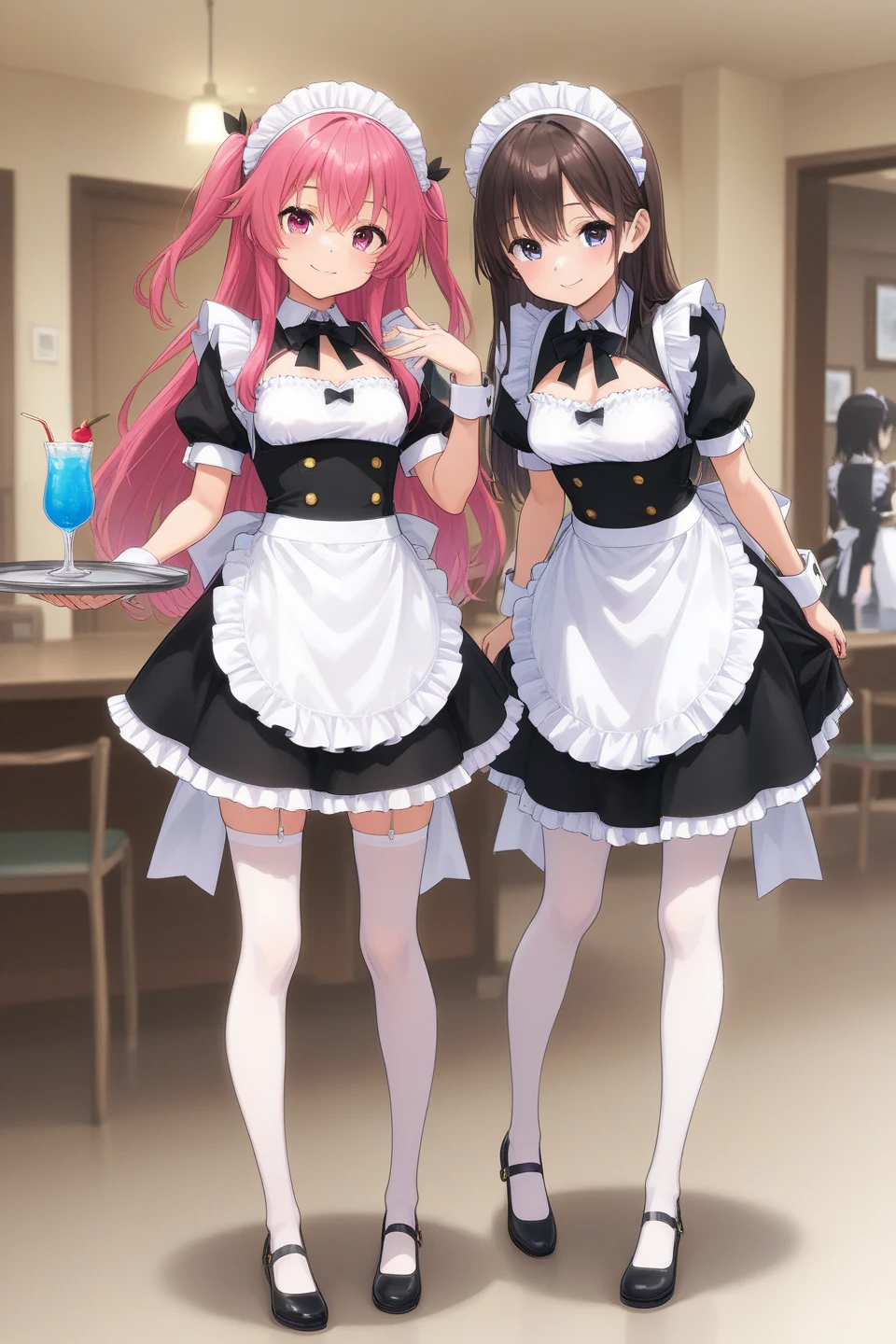 highest quality、masterpiece、((2 girls:1.5))、((smile:1.3))、(blush:1.3)、Black Shirt、blouse、((fun!!))、(Small breasts)、()、Blonde、(Long sleeve)、((White apron:1.5))、((Maid))、((hair ornaments)),、Kamimei、look at me、 ((in house:1.5))、 Taking a break from watching the audience、Cowboy Shot、(Skirt lift:1.3),(Highly detailed pink striped panties:1.3)、(Highly detailed panties:1.3)、、(スカート that rolls up:1.3)、(Panties fully exposed:1.5)、Light blue eyes、long hair、Glowing Eyes