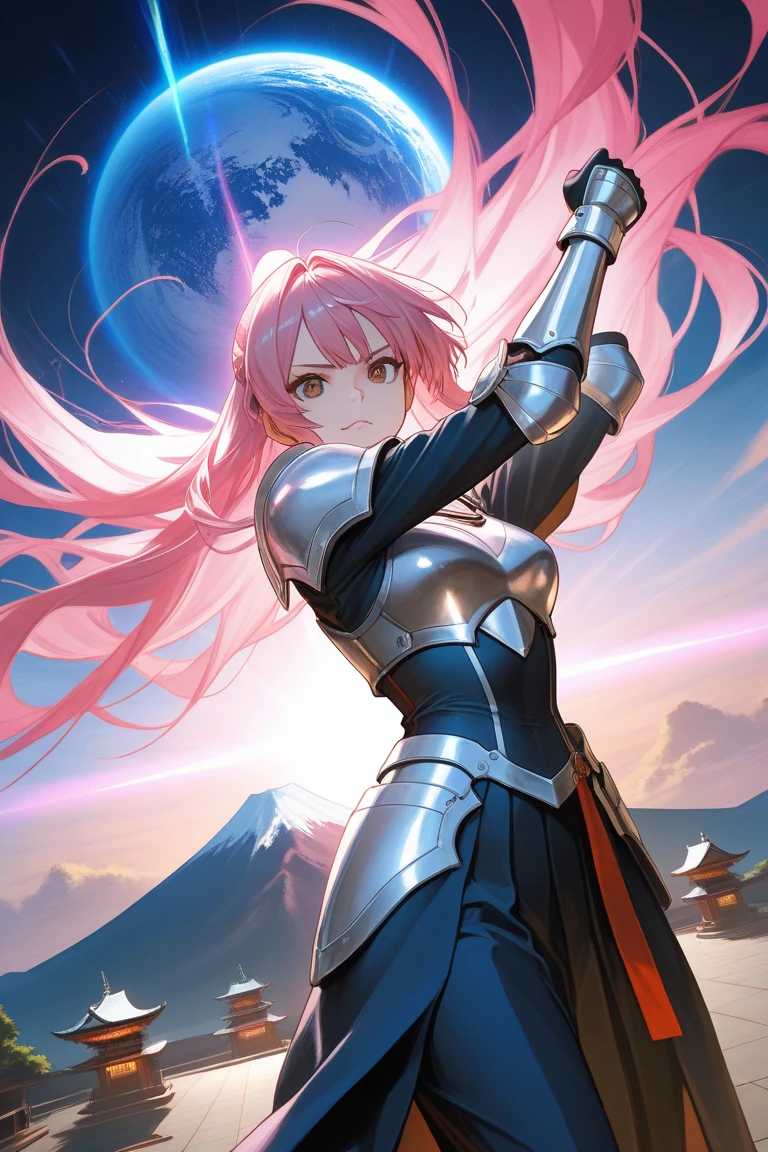 Game standing drawing,Plate armor heavy fighter,Stand with a sword,femele,The pink hair is fluttering and messy,Heroic,Full body like,The face is clear and accurate,detail in face,super-fine,16K resolution,high qulity,电影灯光,High picture detail,dynamic viewing angle,Detailed pubic hair,Epic shooting,oc rendered