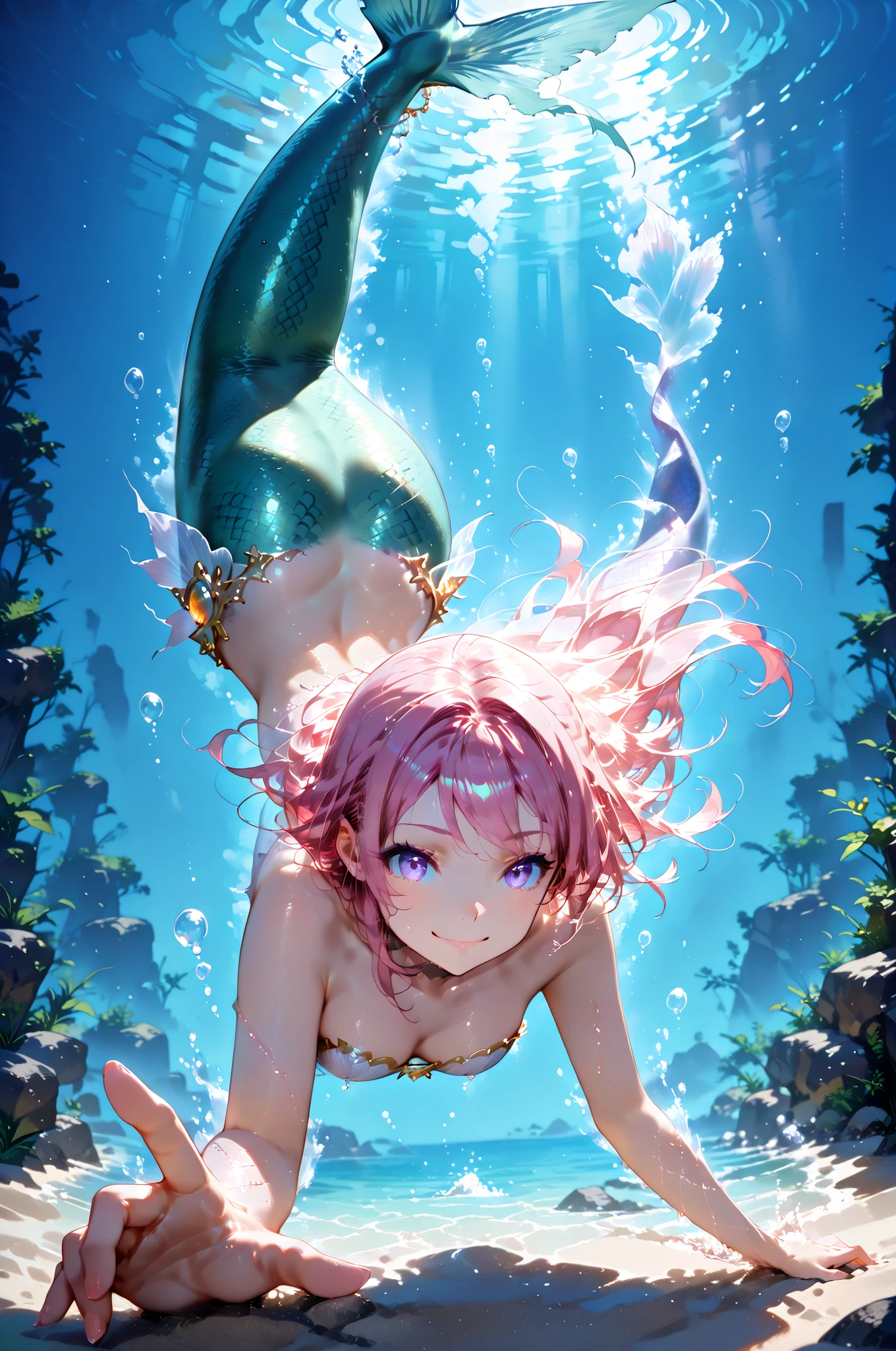 8K,gal,an extremely delicate and beautiful,Beautiful and realistic skin,Shiny jewel-like earrings,Long colorful hair,beautiful eyes,full body,head to toe,beautiful regs,black bikini,diving,sea