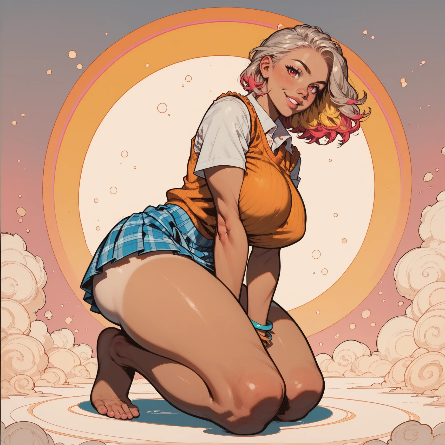 master part, best quality, 1girl, cabelo roxo, rabo-de-cavalo, Capuz amarelo, short shorts, Meias soltas, sneaker, Seiza, Olhando para o Viewer, seios grandes, pele brilhante, Resumo Antecedentes, vivid colors, respingos de tinta, rainbow theme
