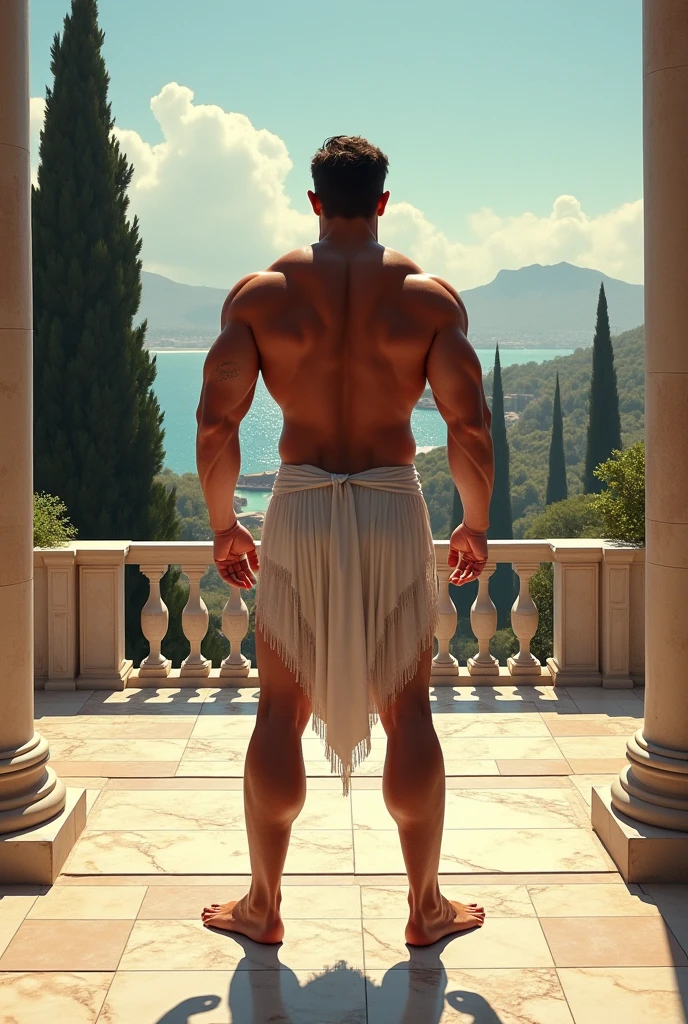 Male Titan, dark skinned muscular body, hairy chest, white hair, green eyes, Greek cloak clothing, naked, visible member, amazing lighting, greek temple.