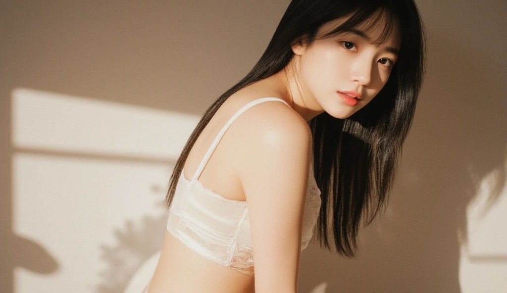 A picture of a beautiful woman in the world of Korean K-Pop, summer, erotic, Film grains, إلفورد HP5, 80 mm