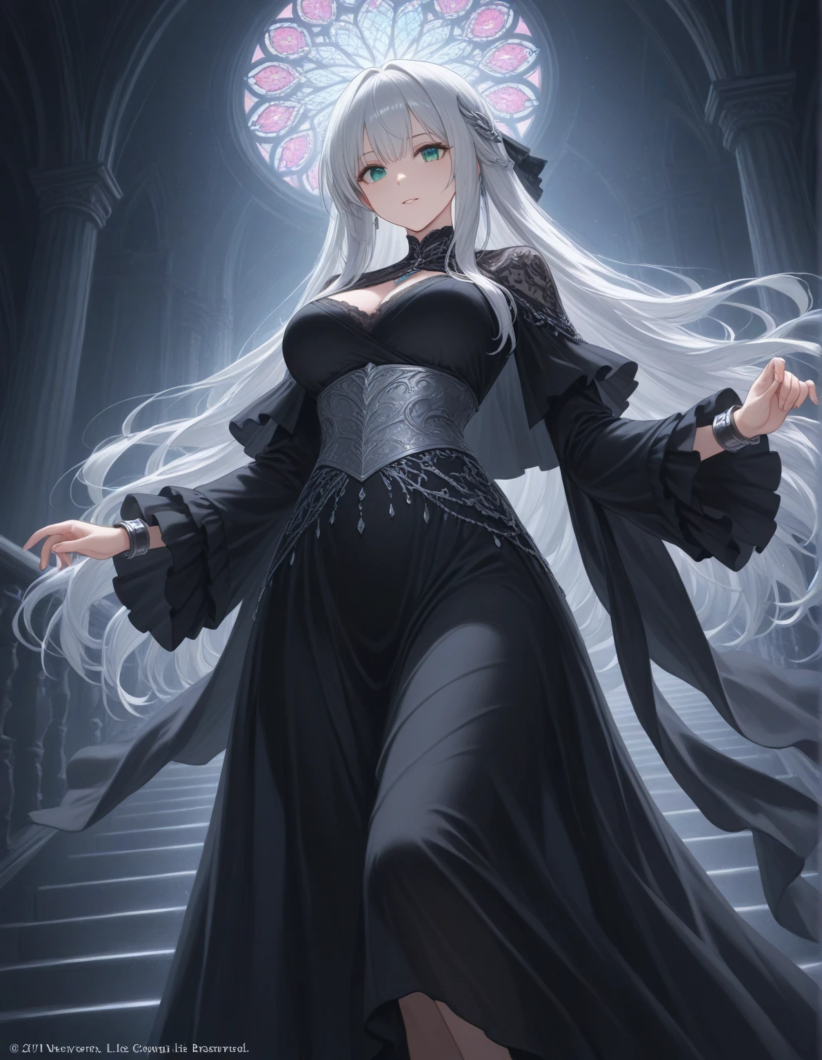 39-year-old woman, beautiful woman, gargoyle, long white hair, unadorned and loose hair, pale skin, cherry colored eyes, lilac lips, pointed ears, elegant Victorian white dress, Proud countenance, elegant smile, standing on a gothic cotillo