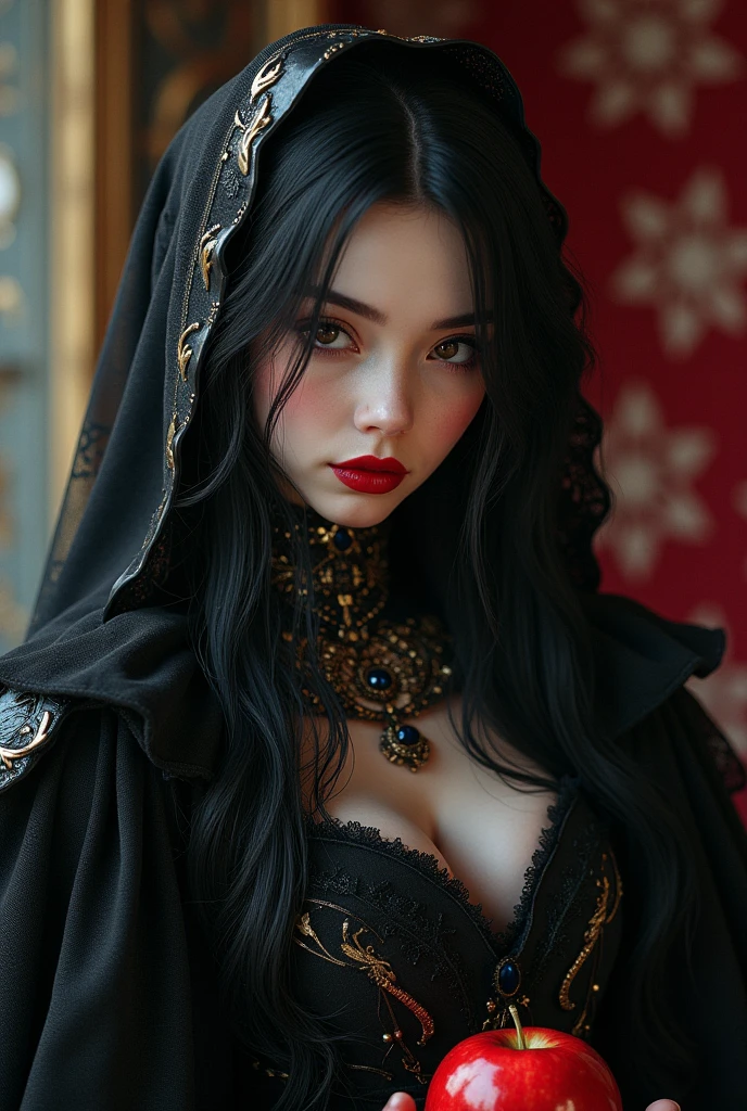 ((best qualityer)),((dark background full of skulls)), ((detailded)), 1 girl, long black and wavy hair, purples eyes, Pele branca como a neve, with a long thin rope cross hanging around his neck, a black dress with a black cape falling over her back, a white band that covers her eyes and a veil covering half of her face