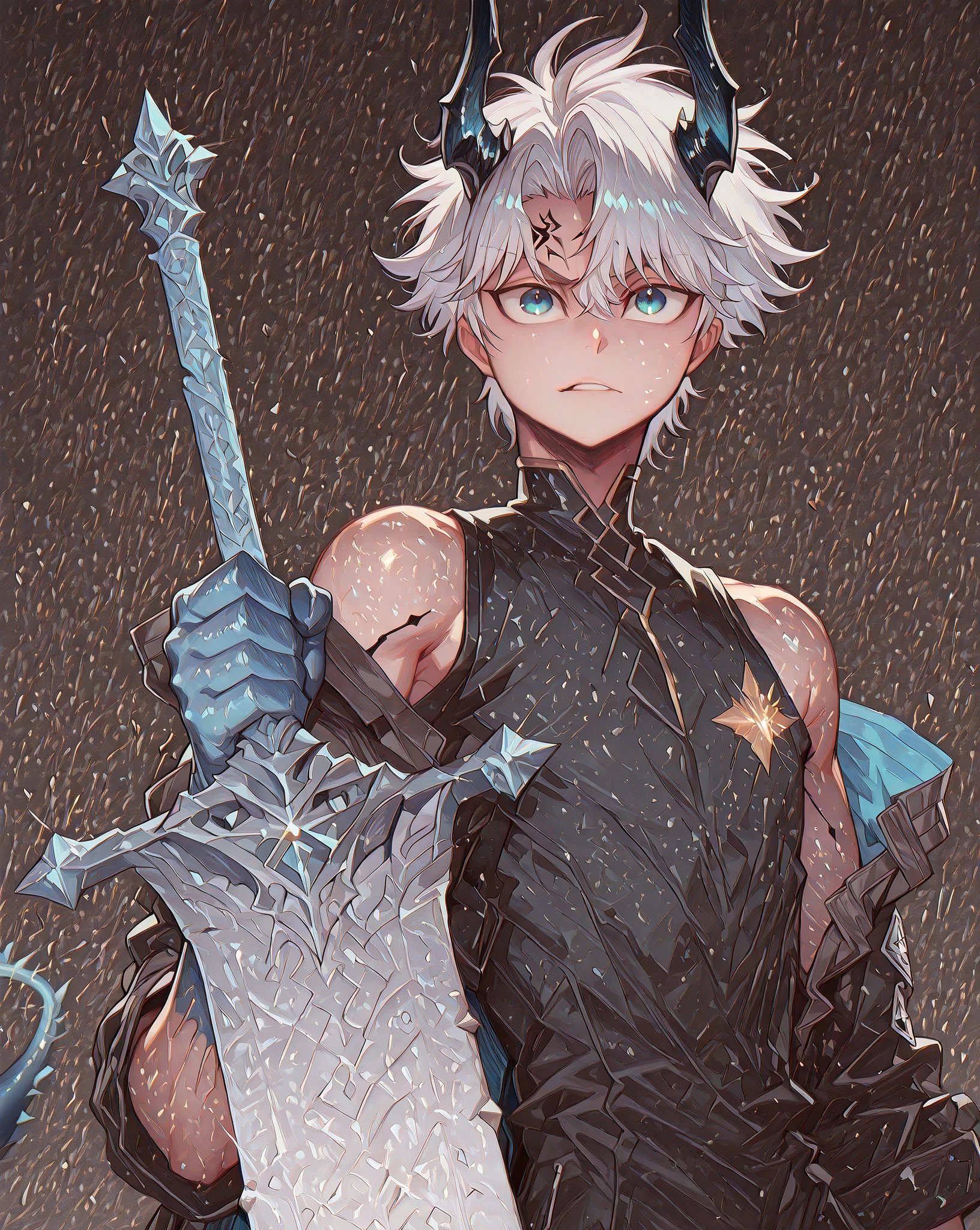 alone, 1 boy, young male character, character with height and body of Killua Zoldyck from "Hunter x Hunter", the character is a young boy who has four long black horns like Reed The Flame Shadow from "Arknights" and a black dragon tail with a large sky blue flame at the tip of the tail;
white hair, the character's hairstyle should be like Hitsugaya Toshiro from "Bleach" with long bangs all over the forehead, short hair, the character's face should be the same as Killua Zoldyck from "Hunter x Hunter" but with blue eyes, flashy blue eyes, provocative face, provocative smile, young, perfect and beautiful face, face like Killua Zoldyck from "Hunter x Hunter";
perfect anatomy, arms with colorful design like Dusk's from "Arknights", sky blue arms, sky blue hands, hands with claws, shoulders with sky blue runes;
black coat like Dusk from "Arknights", the coat must be falling down the arms leaving the shoulders exposed with visible sky blue runes drawn on the shoulders, the inner clothing must be black with gold details and must be tight to the body with a cyberpunk design, blue arms exposed, shoulders exposed with blue runes drawn, short stature;
holding a gigantic greatsword whose blade is longer than the character's height, gigantic greatsword completely black, huge black blade with blue runes on the blade;
black background, attack position "holding a gigantic greatsword whose blade is longer than the character's height, gigantic greatsword completely black, huge black blade with blue runes on the blade", looking at the viewer, and hands with blue details, arms colored in the style of Dusk from "Arknights" but in sky blue;
Flashy pose, shoulders and head exposed, close to the face, looking at the character, looking at the viewer, face to face, provocative smile, confidence, height and body similar to Killua Zoldyck from "Hunter x Hunter", male character, character is a young boy, greatsword completely black;