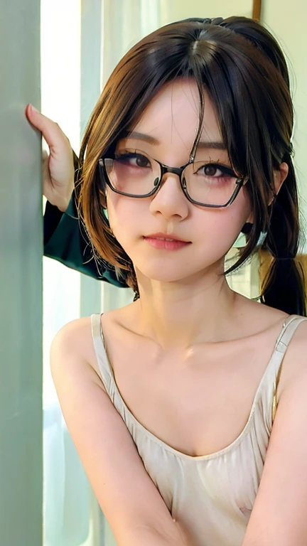 masterpiece、ultra detail、tear bag、Red eyes、earrings、(((show nipples、Pull up the tops)))、(((cum on face)))、Put your hands on your chest、small breasts、shirt、Office Lady、smile、focus on face、Angle from above、selfie、squat、short hair、glasses