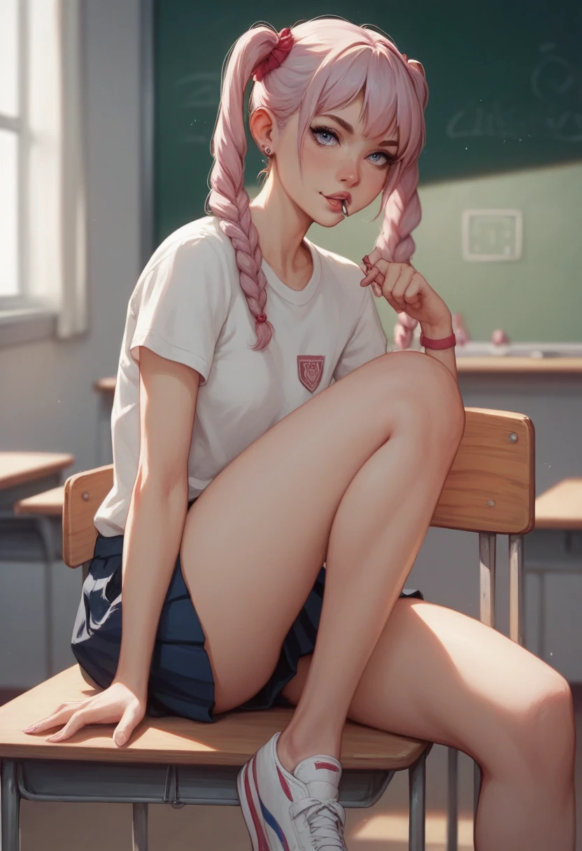 Young woman with pink hair, Sweaty, Barefoot, in a school,At the same table,Take off your shoes,Water vapor comes out of the shoes