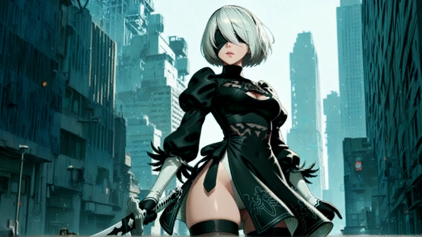 masterpiece, best quality, 1girl, large breasts, white hair, fit body,  <lora:battoujutsu_24re_d128:0.95>, battoujutsu,
 <lora:y2b_v2-1:0.75>, hm2b, black blindfold, covered eyes, mole under mouth, clothing cutout, long sleeves, puffy sleeves, juliet sleeves, feather trim, black thighhighs, black gloves, black dress, black skirt, 
abandoned factory,