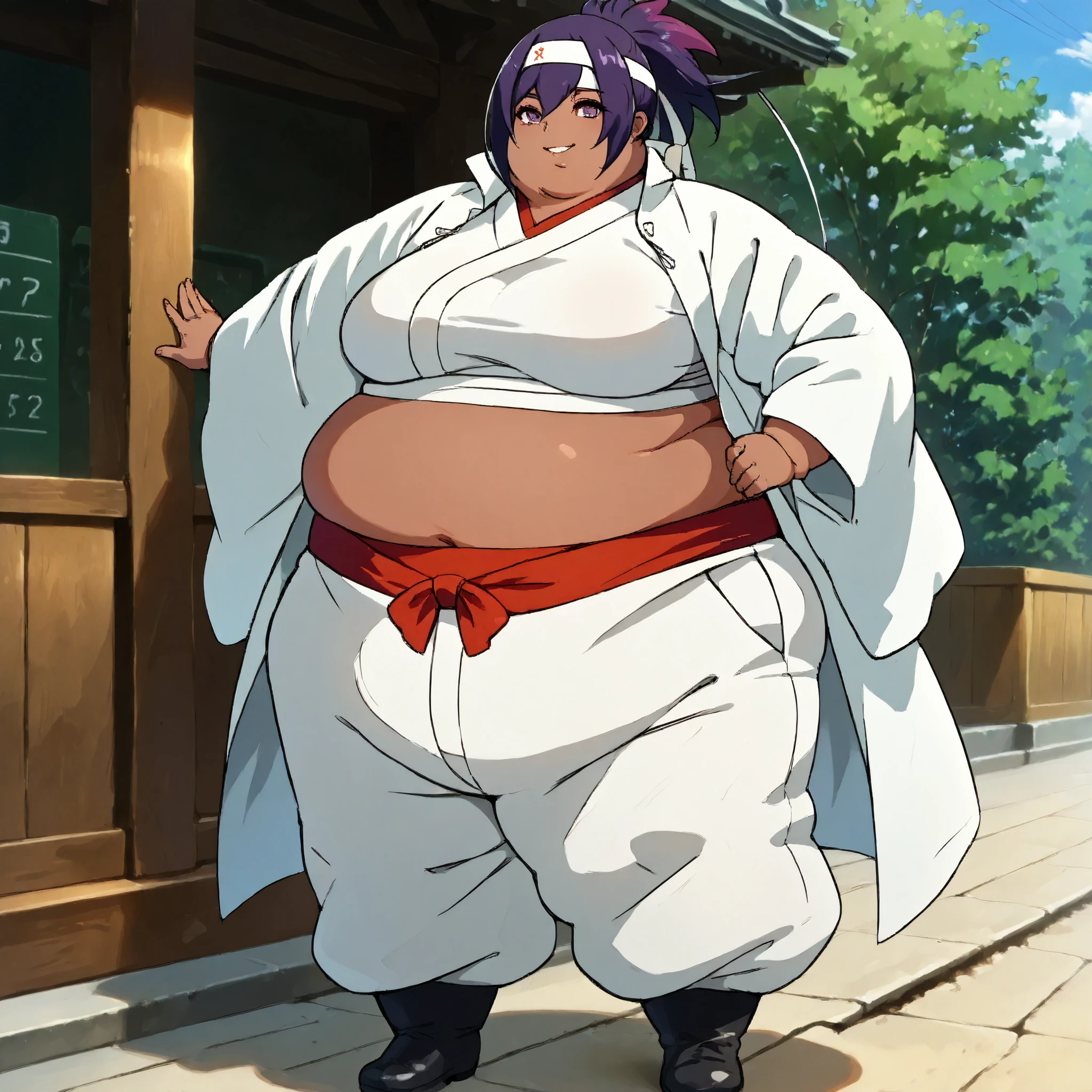 masterpiece, best quality, score_9, score_8_up, score_7_up, score_6_up, outdoors, 1girl, miko, long hair, multicolored hair, purple hair, female focus, solo, dark skin, white jacket, white pants, headband, short hair, smile, black footwear, coat, crop top, midriff sarashi, sarashi, full body