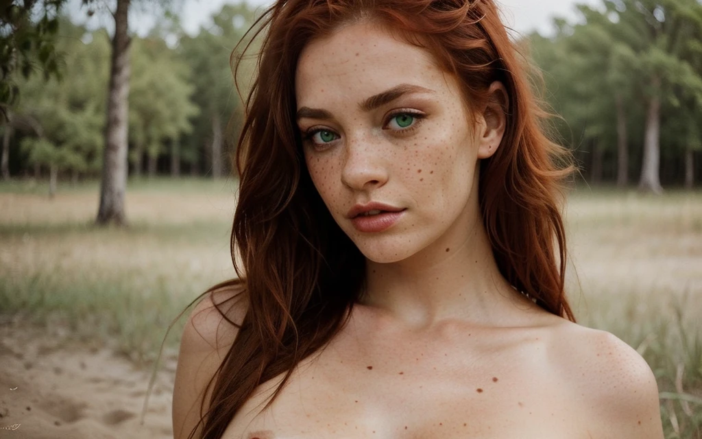 1girl in, age19, Solo, irish redhead, wavy ginger hair, shoulder length ginger hair, gray eyes, light grey eyes, some small freckles, pale skin, A-cup, small breasts, rough skin,runners body, imperfect skin, goosebumps, model posing, modelling, wearing a cowboy hat, naked, perfect body, no clothes, sitting in the rain, sitting on a wooden log , provocative,(extremely detailed 8k wallpaper) ,soft lighting, high quality, film grain, Fujifilm XT3 sharp focus, f 5.6, 24mm, High Detail, Sharp focus,(natural light), crazy details, complex details, hyperdetailed, seen from far,