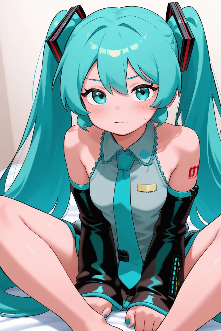 Anime style, source_anime, Hatsune Miku girl, ((sall cute breasts)), (1Girl), double eyelids, light effect in the eyes, wide hips, best quality, masterpiece, portrait, detailed, perfect anatomy, detailed art, high definition, 4k , high resolution, ((maid uniform)), (((missionary sex))),