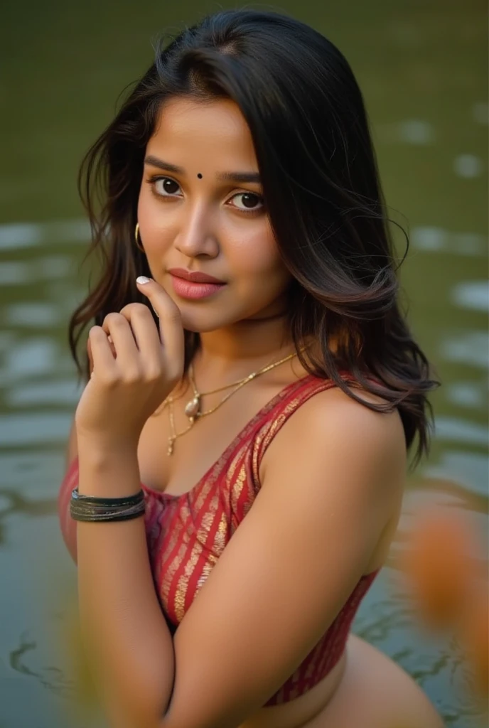 araffe woman in a red dress sitting down and looking at something, traditional beauty, soft portrait shot 8 k, portrait soft low light, inspired by T. K. Padmini, a beautiful young woman, soft light from the side, by Max Dauthendey, modeling shoot, medium portrait soft light, portrait shot 8 k, photo taken with canon 5d