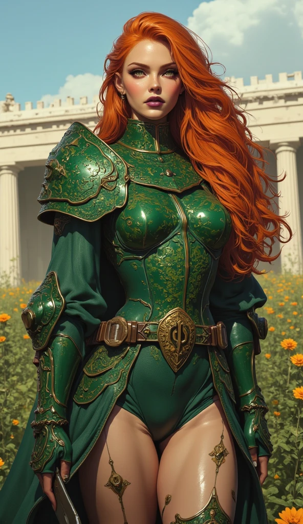 (Masterpiece), (detailed), (high res), (high quality), medieval painting of pudgy knight girl, ginger curly hair, armor, green garments, curvy body, wide hips