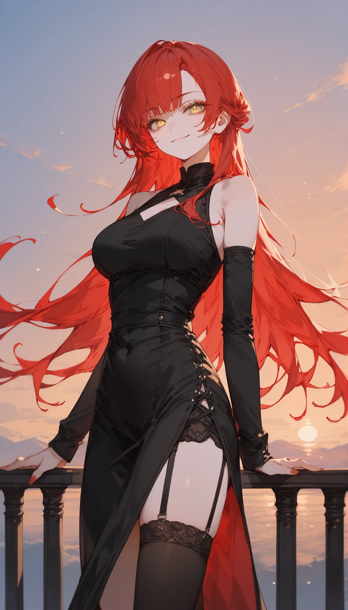 Woman, adult, long red hair, red glowing eyes, white & black short dress, large breasts, night