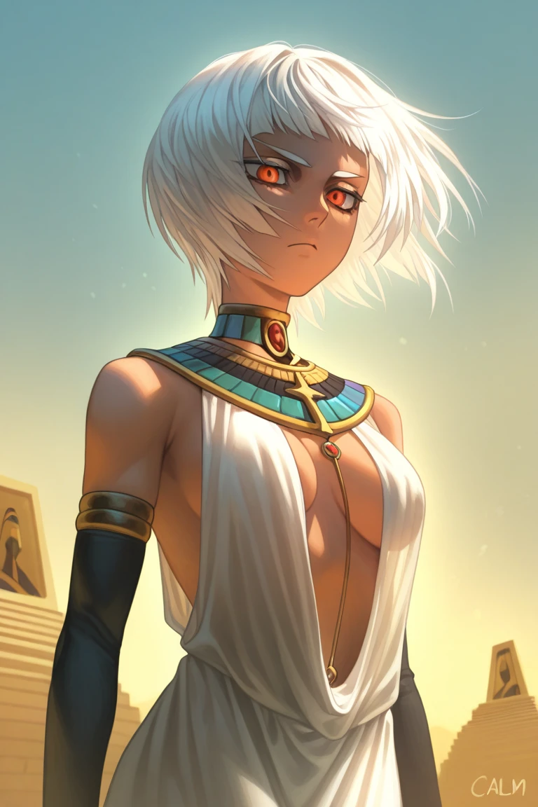 Sexy Egyptian dress Tia is shown to have a rather slender figure. She has grayish-white hair , she has short hair and big light green eyes, best qualityer, very detailled, high-res raw image, Very clean, mullet sharp focus, Kizi, Off The Shoulder, exposed cleavage, cowboy shot, on a tourist visit to Egypt, pyramids and camels in the background, by noon