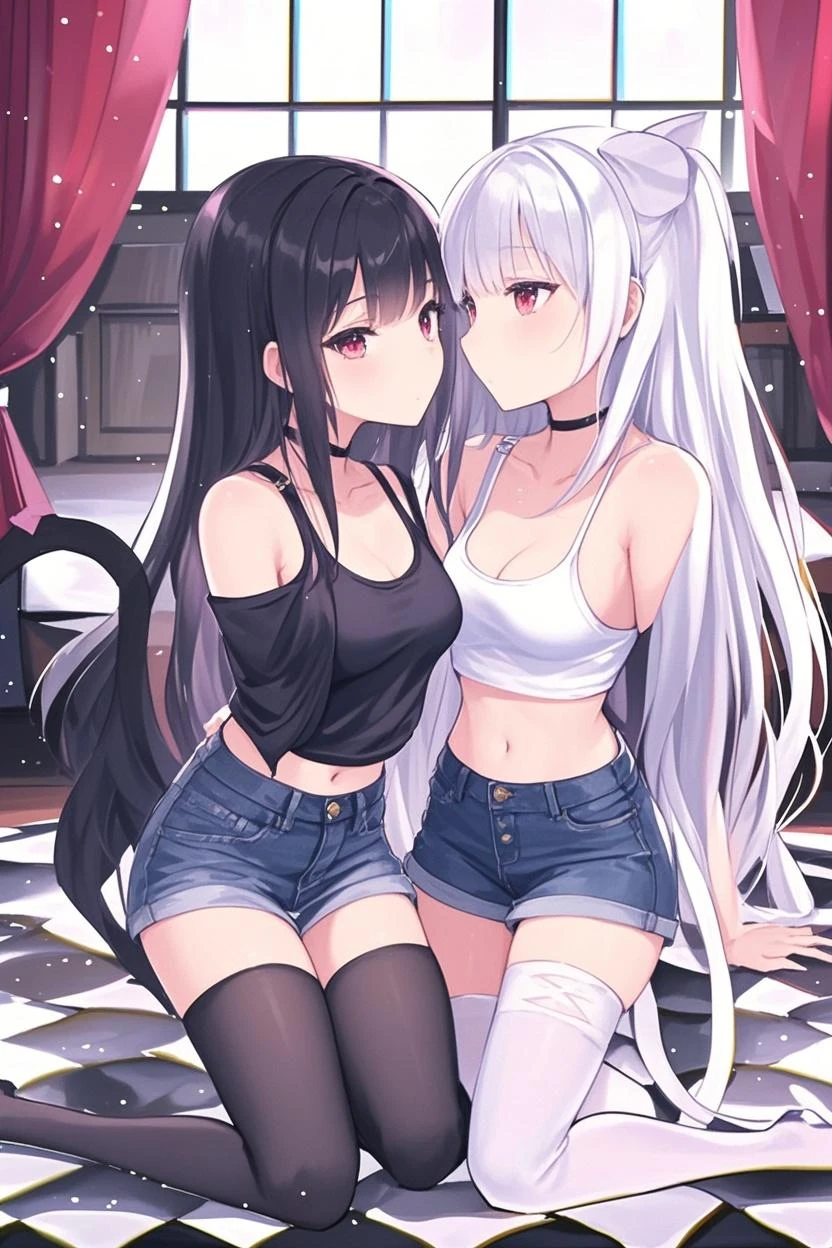 (obra de arte, melhor qualidade), 1 garota, cabelo rosa, corte superior, shorts jeans, quarto, coxas listradas, twin tails, longos rabos de porco, eles horns, eles, olhos rosa detalhados, ombre olhos rosa com o bico do beido la brusa 