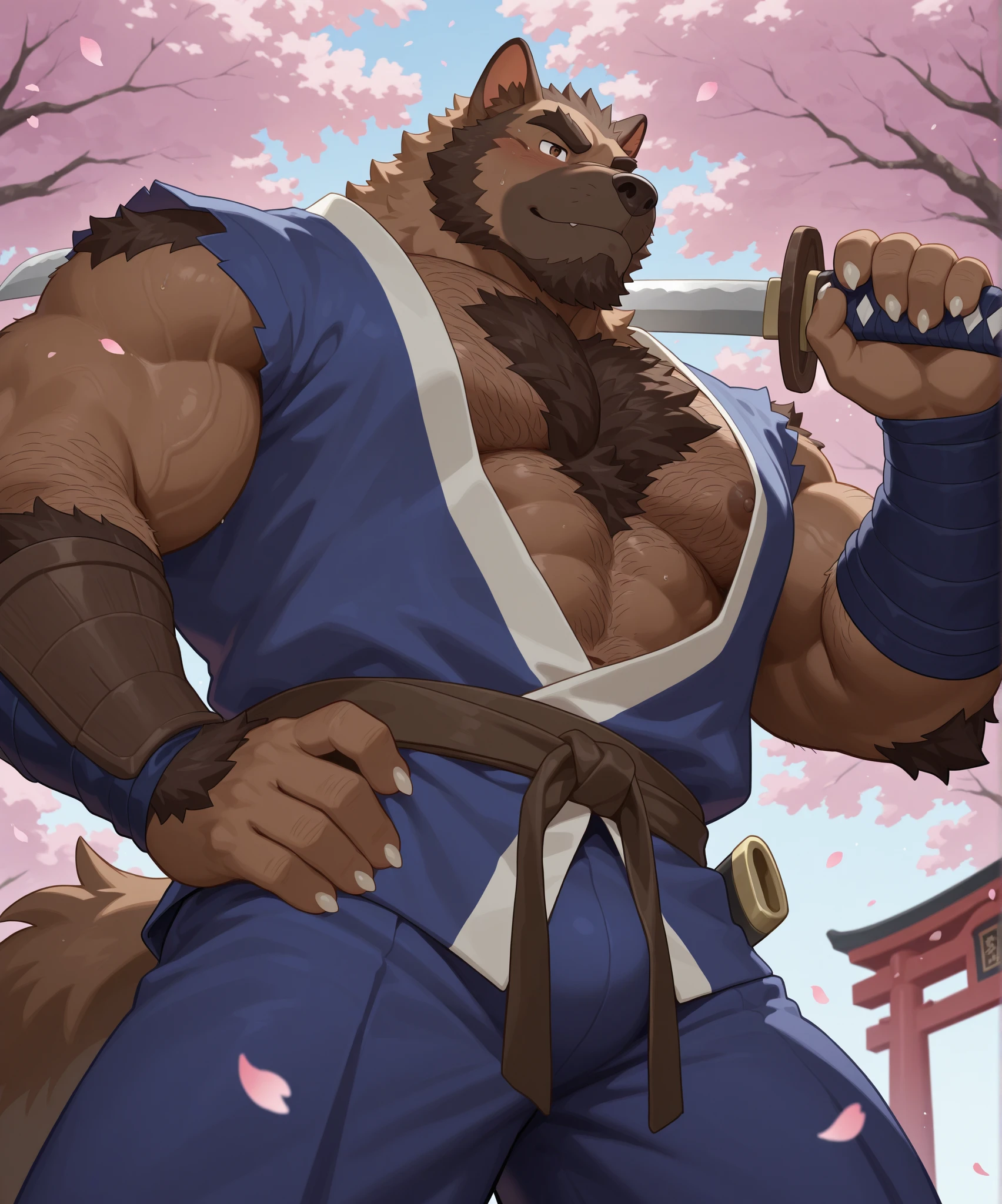 Wolf, By Meesh, Big Pecs, Fluffy Tail, 1boy, all fours, ass, bara, black hair, clothes pull, facial hair, glasses, hakama, hakama pants, hakama skirt, indoors, japanese clothes, kimono, looking at viewer, male focus, mature male, muscular, muscular male, open clothes, pants, short hair, sideburns, skirt, solo, thick thighs, thighs