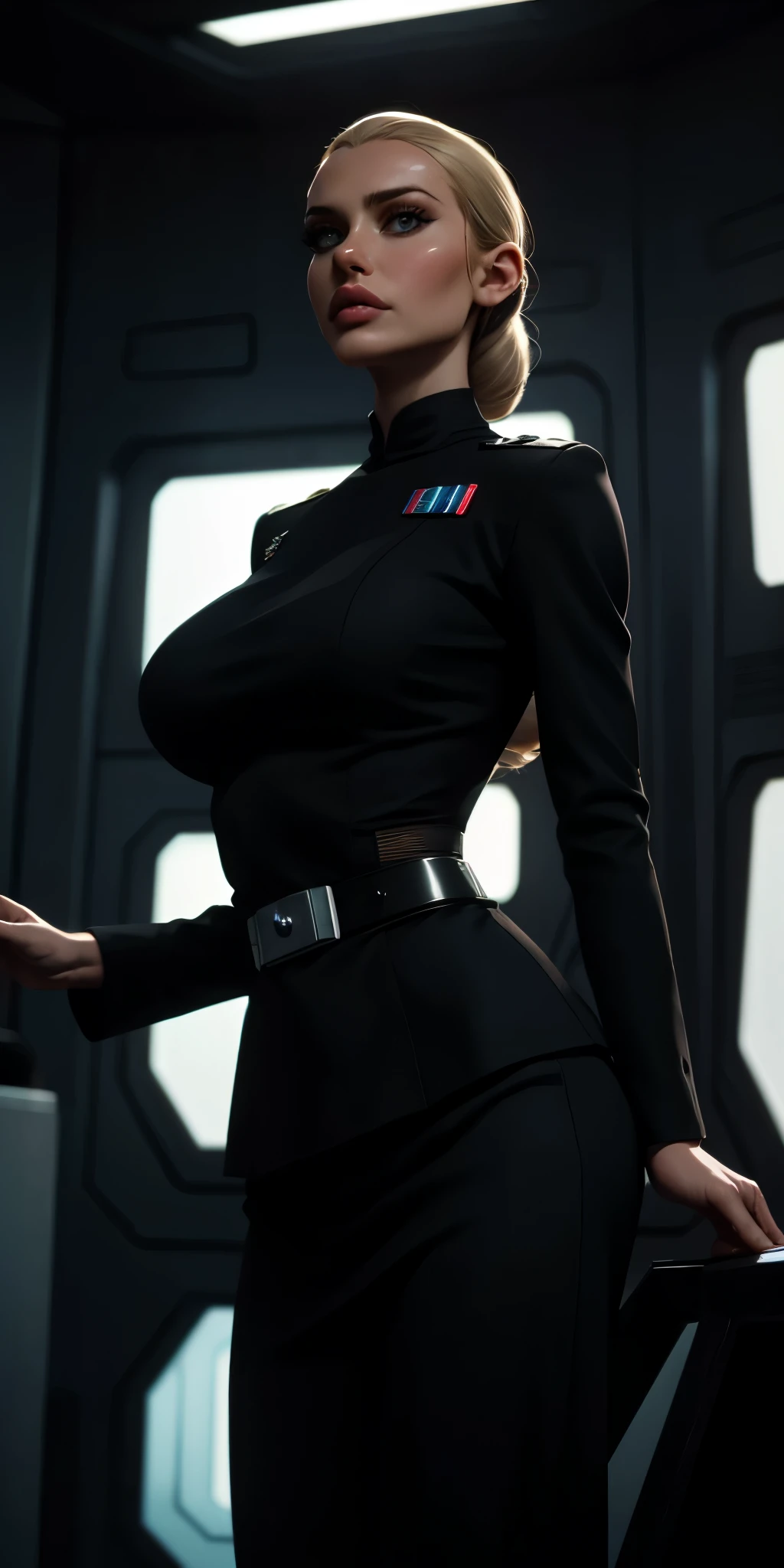 Incredibly detailed cinematic still of a skinny 22 year old with EXTREMELY SAGGY MASSIVE huge breasts, a narrow waist, a supermodel skinny body, with VERY narrow hips, super thin legs, MASSIVE Botox lips, vivid eyes, extremely detailed face, Star Wars Imperial Officer black uniform, matte paint, bright lighting, standing inside an imperial space ship.
