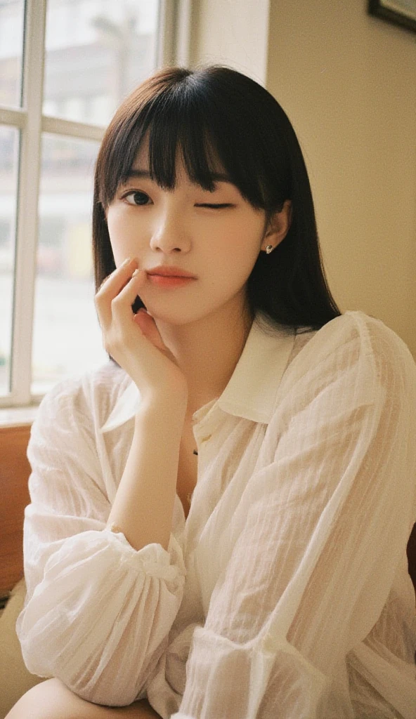 Highest Quality, masterpiece, unbelievably beautiful, very delicate 8k wallpaper, Transcendently Beautiful Girl, Japanese, Cute Girl, (Unbuttoned shirt:1.4), (Ecstasy:1.4) , ((Looking down)), ((From below)),((all-fours)), 25 years old, Bedrooms, dark ilumination, inside in room, ceiling, Plump lips, Detailed face, Detailed eyes , detailed arms, ((Close up face)), Detailed body