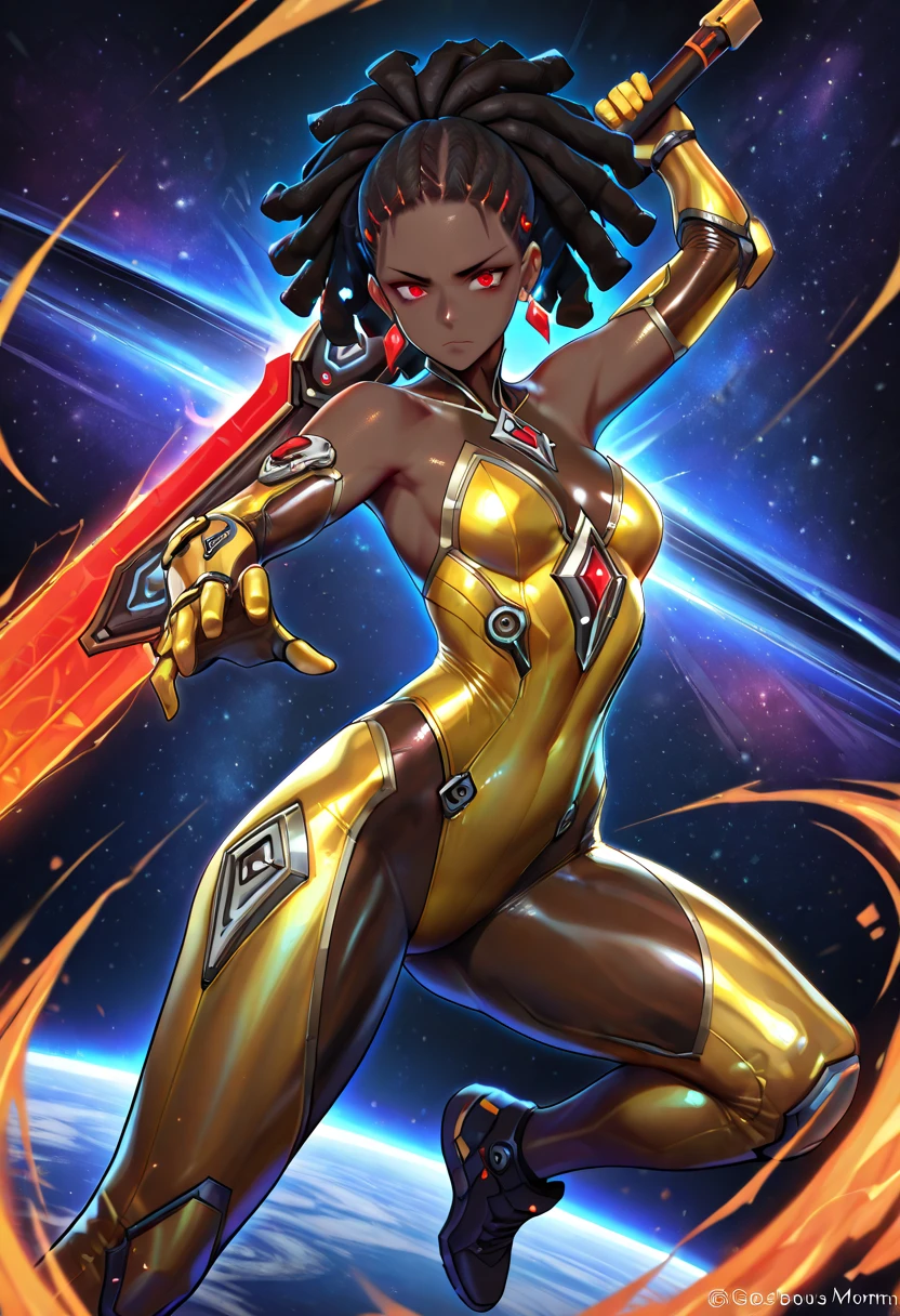 upskirt, no panties, extremely muscular body, wet shiny vulva, very lustrous and oily skin, enticing shiny body, glistening gold, female knight, dark skin, main color: lilac