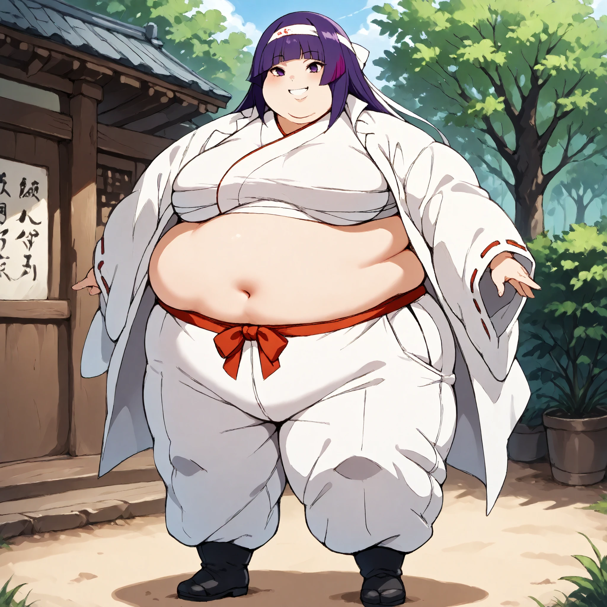 masterpiece, best quality, score_9, score_8_up, score_7_up, score_6_up, outdoors, 1girl, miko, long hair, hime cut,multicolored hair, purple hair, female focus, solo, white jacket, white pants, headband, short hair, smile, black footwear, coat, crop top, midriff sarashi, sarashi, full body