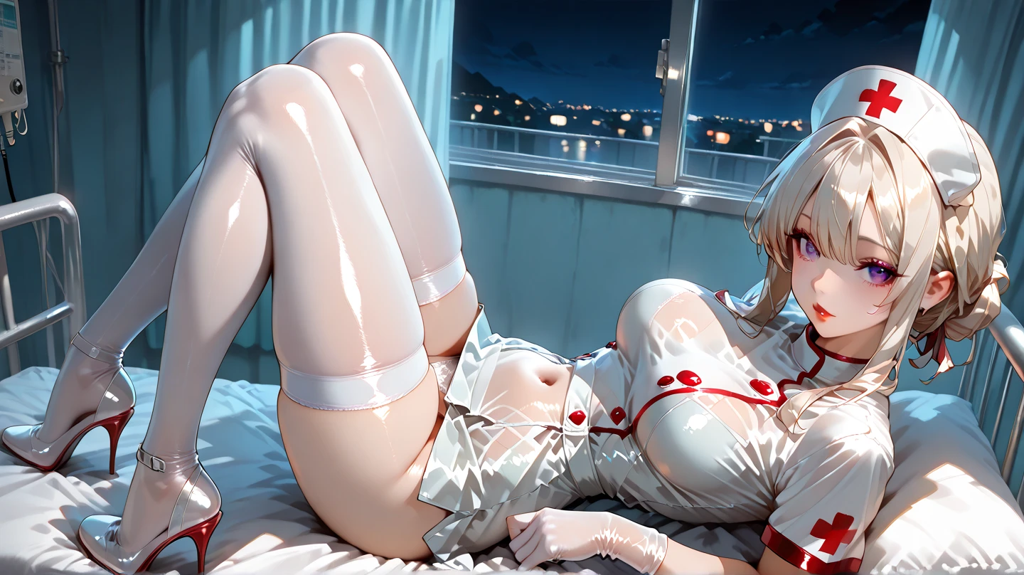 One-eyed long-legged black eye mask with large breasts(D)cleavage Erect Sitting on bed Open legs Touching chest Eagerly waiting eyes Panties White hair Pantyhose Black and white clothes transparent Chest open Night view outside the window