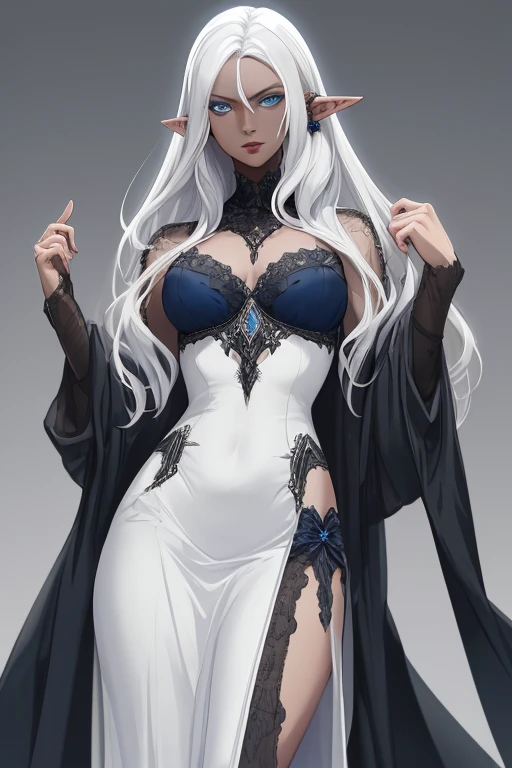 Illustrator, anime , Realistic ,sketch , 1 person, model, Age 25, lip, Sexy and revealing black and silver sheer priest dress(Holy Gun), order, Blue gradient background, Neon Hair, Big Breasts, Her cleavage is visible, look back, Upper Body, Sexy look, Texture Trim, Russia, (masterpiece,Highest quality)