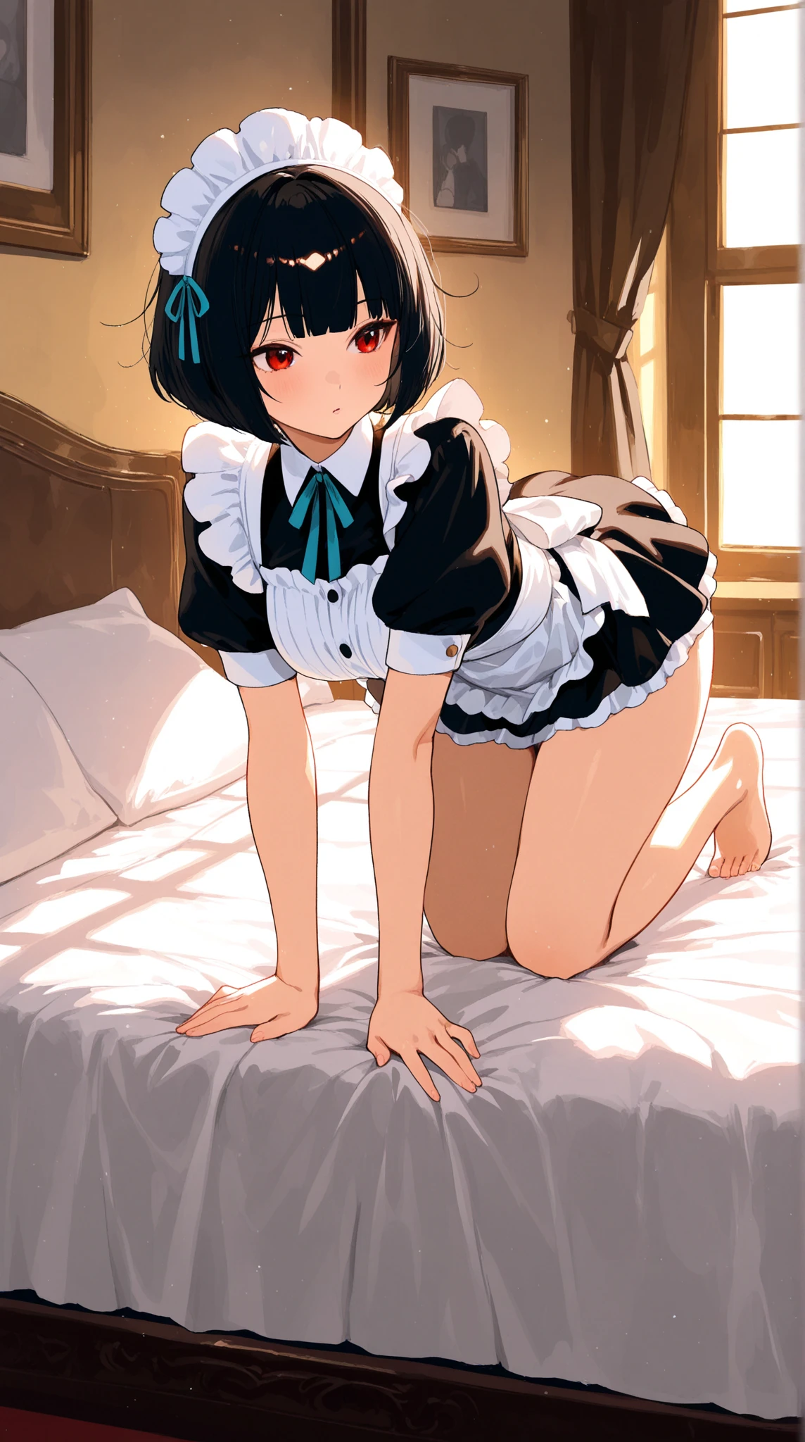 NSFW,((1 male、1 female,having sex)),on stomach,from behind,crawl on all fours,Grabbed by the buttocks,small breasts,hair above one eye,green eyes,open mouth smile,black hair,tights, ((magical girl costume)),removed sleeve,beret,ribbon,white background,bed,(masterpiece,best image quality,highest quality) NSFW