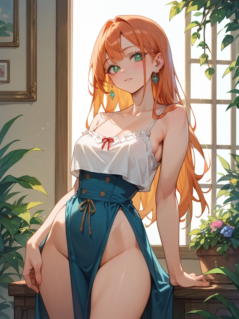 masterpiece, best quality, 1girl, ((looking at viewer)), orange hair, orange eyes, long hair, ahoge, topless, small boobs, perky nipples, green skirt, pantyhose, solo, sole, smile, cat ears, cat tail, fang, catgirl, animal ears