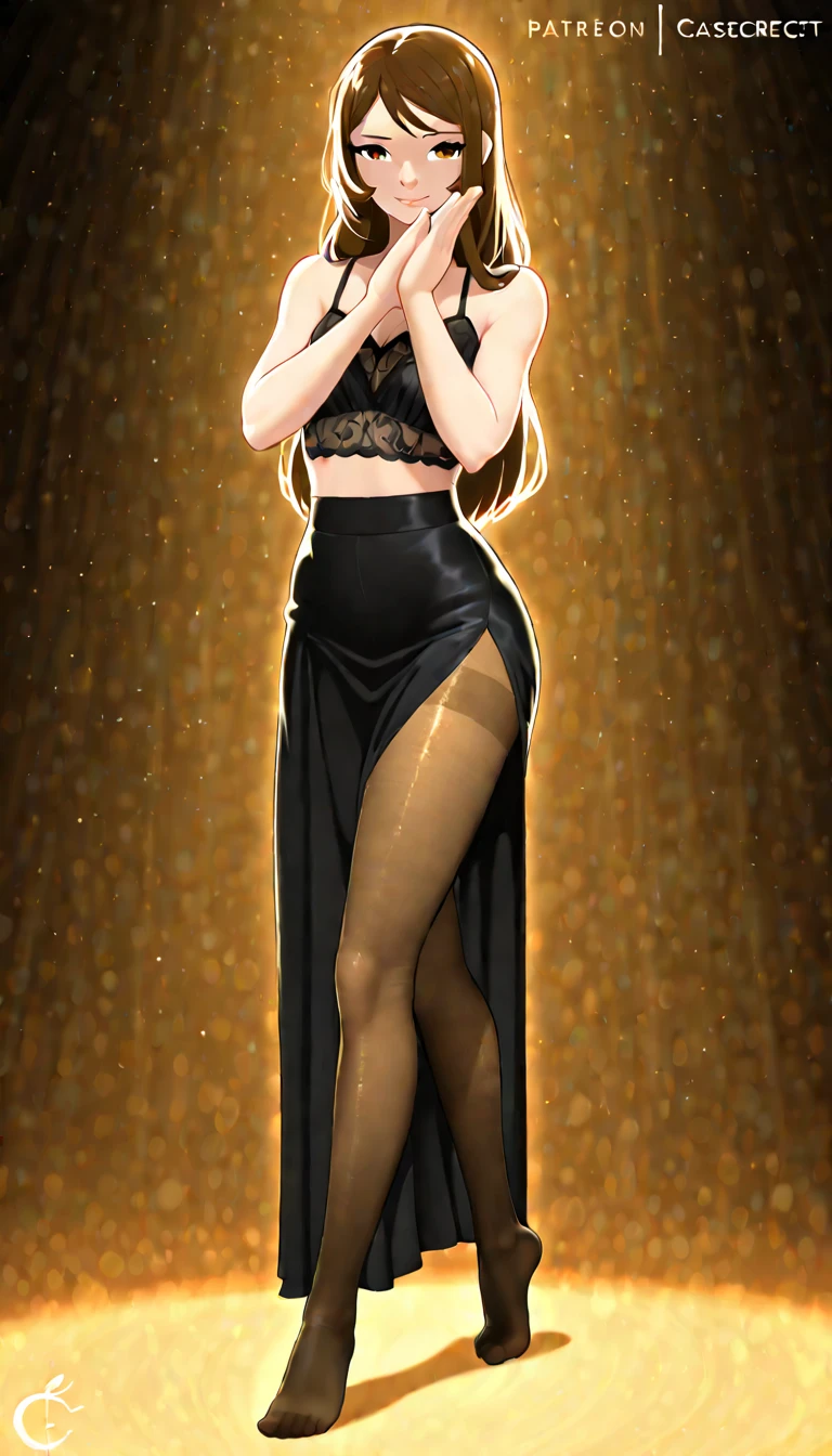A beautiful, happy blonde barefoot woman, who wears a black lace dress with ruffles.