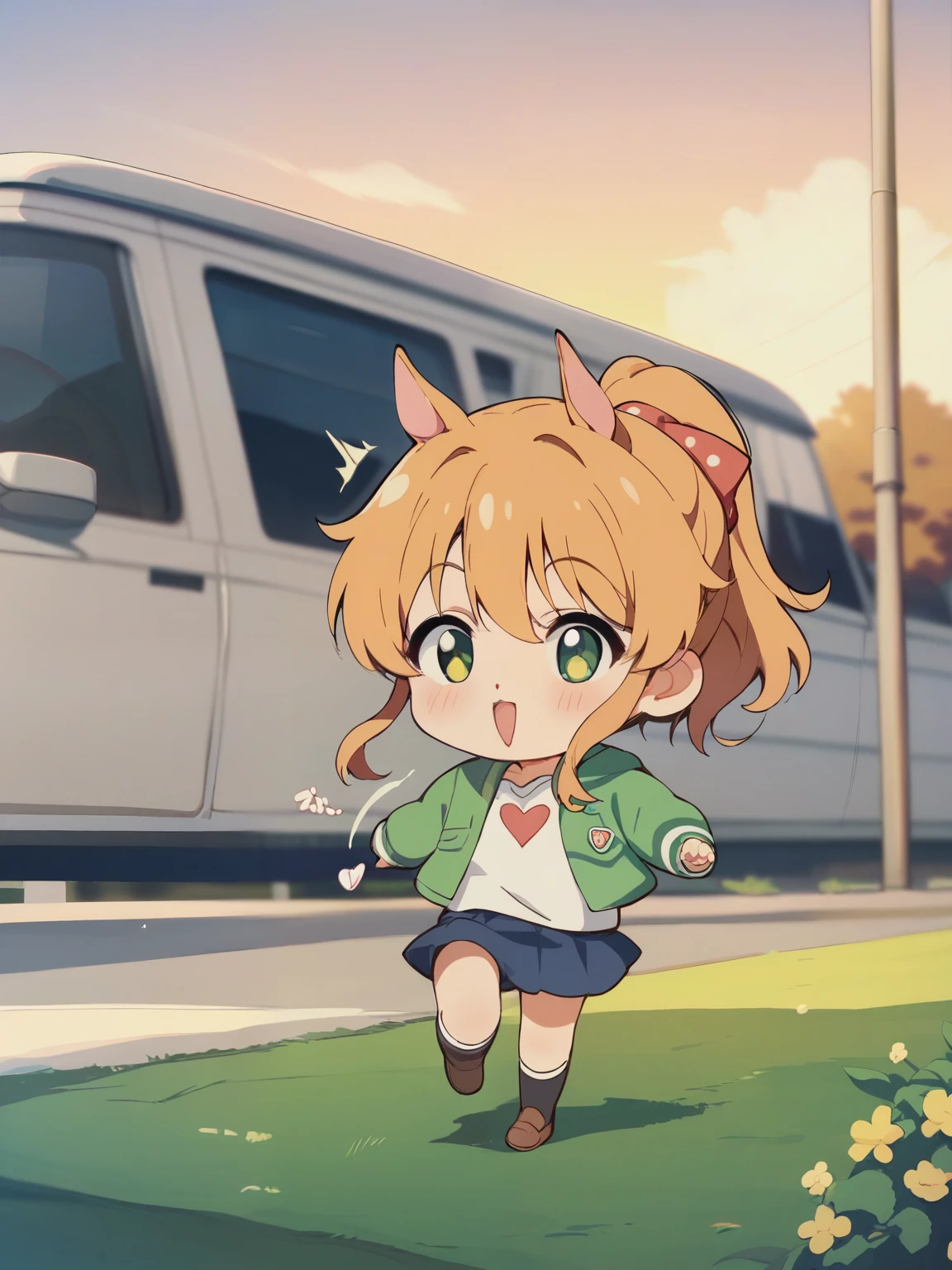 score_9, score_8_ up, score_7_ up, score_6_ up, score_5_ up, Anime，nsfw， uncensored ，( chibi:1.3)， full body silhouette of a cute girl running up the hill、Dress、ponytail、Horse Ears、Horse Tail、high contrast、White and Yellow-Green Duo Tone Style、最大限のかわいらしさを表現するAmbient Sparkle、Emits Delicate Light、  Retro Atmosphere、Ambient Sparkle、 rich detail 、Highest Quality、high resolution，motion blur，Effect Lines，Sound Effects，