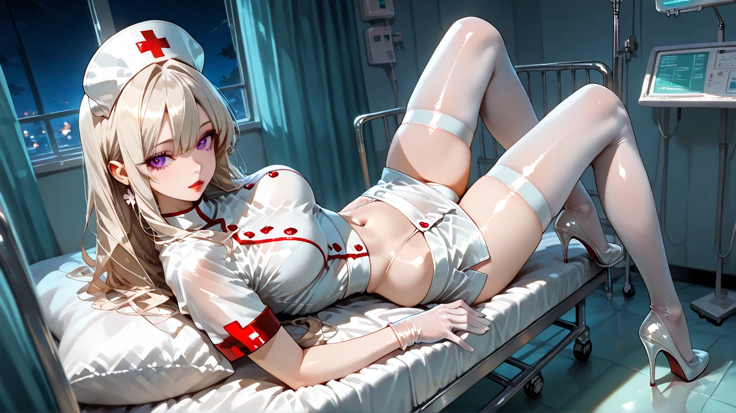 ultra high res, photo, 4k, (photorealistic), absurdres, (incredible absurdity), ((masterpiece, best quality)), (wallpaper), (8k hd), 1girl, nurse outfit, long white hair, white stockings, nsfw, smug, hospital background