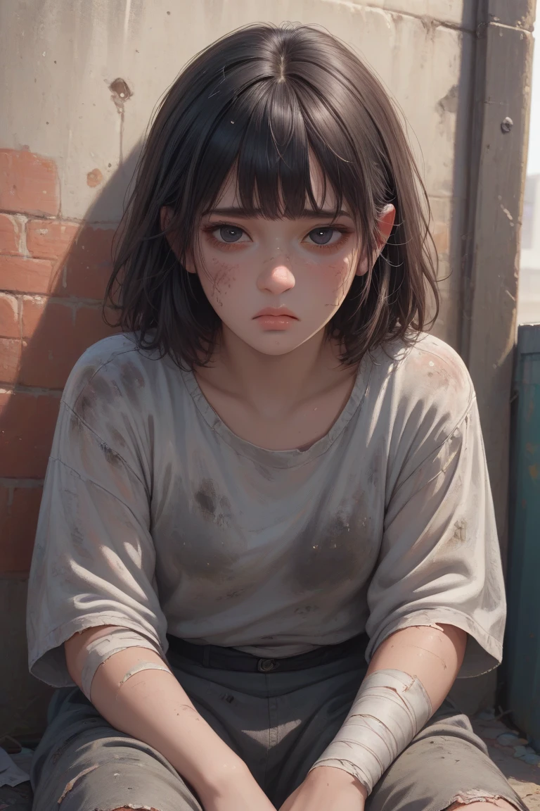 Girl with short gray hair, Fine Eyes, Tattered short sleeves, Background of the refugee camp, Sit on the ground  