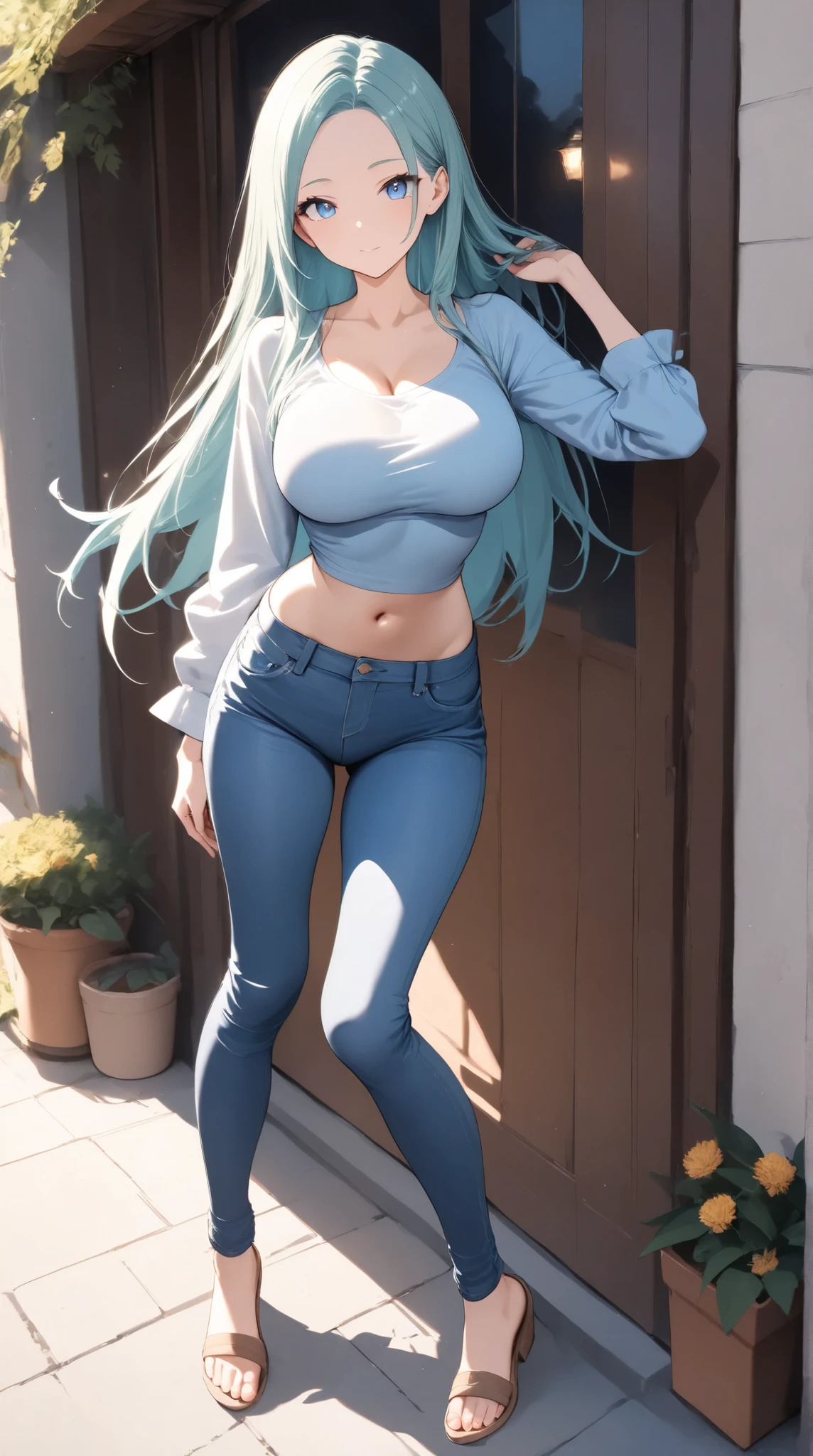 A girl with light blue hair and a cute, blunt chest is wearing a see-through tights all over her body. Her nipples and pussy are clearly visible