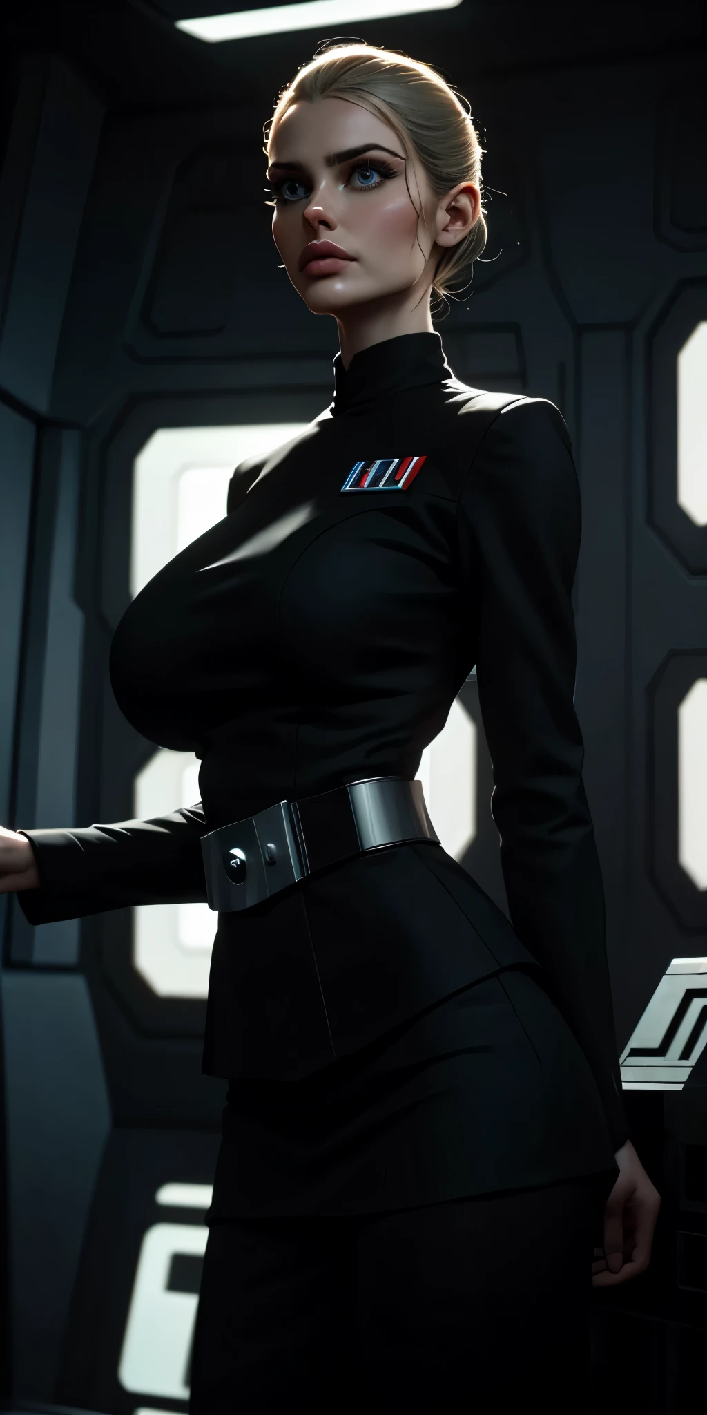 Incredibly detailed cinematic still of a skinny 22 year old with EXTREMELY SAGGY MASSIVE huge breasts, a narrow waist, a supermodel skinny body, with VERY narrow hips, super thin legs, MASSIVE Botox lips, vivid eyes, extremely detailed face, Star Wars Imperial Officer black uniform, matte paint, bright lighting, standing inside an imperial space ship.