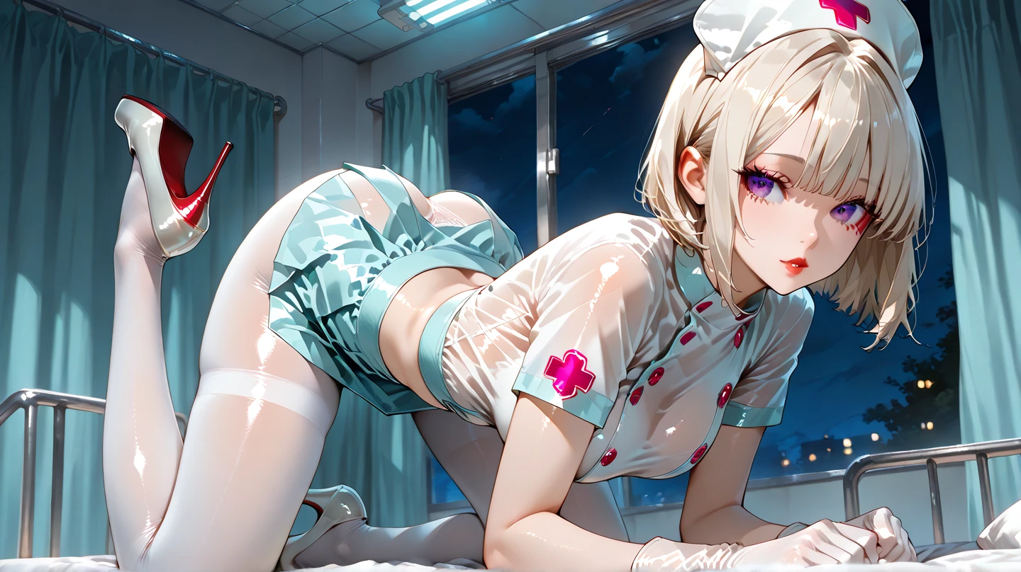 Masterpiece: 1.2, best quality,1girl, slim body, slender legs, (perfect feet in a pair of white pantyhose), (hospital:1.2), slim waist, gloves, cleavage, white gloves, nurse cap, nurse, sexy, attractive, alluring, dynamic pose , sitting, vivid lighting, superb technology, harmonious composition, cinematic lighting, immersive atmosphere, extraordinary details, stunning visual effects,