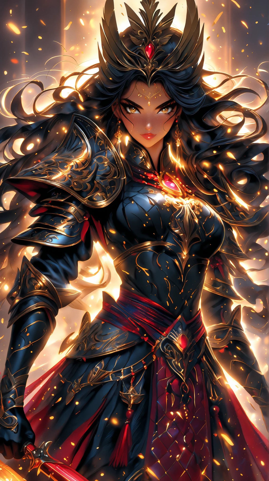 Waist up (perspective angle from bottom to top) super heroine hot girl (masterpiece), best quality, expressive eyes, perfect face, art in fantasy mythic action effect, sharp focus, wearing super detailed suit with mechanicles part & hero cape, cybersamurai, glowing, holding sword