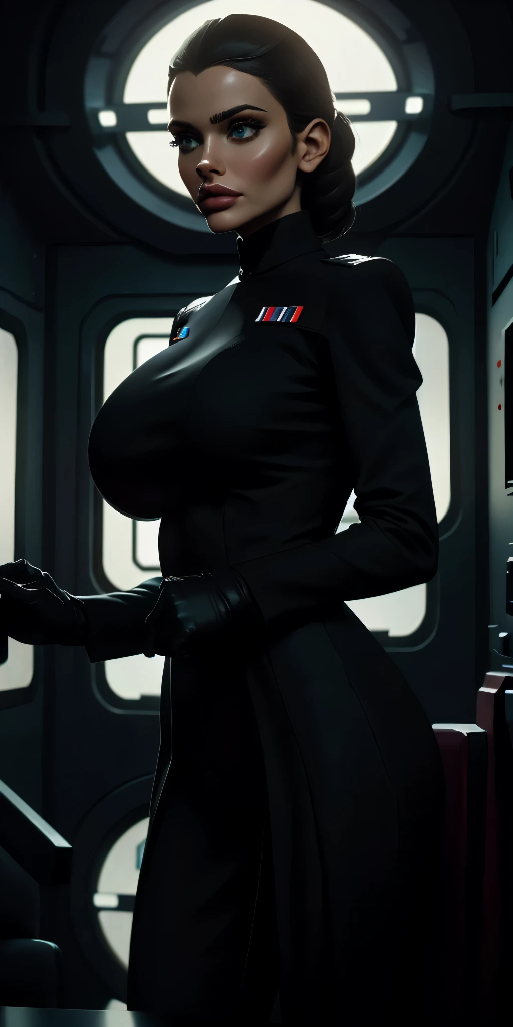 Incredibly detailed cinematic still of a skinny 22 year old with EXTREMELY SAGGY MASSIVE huge breasts, a narrow waist, a supermodel skinny body, with VERY narrow hips, super thin legs, MASSIVE Botox lips, vivid eyes, extremely detailed face, Star Wars Imperial Officer black uniform, matte paint, bright lighting, standing inside an imperial space ship.