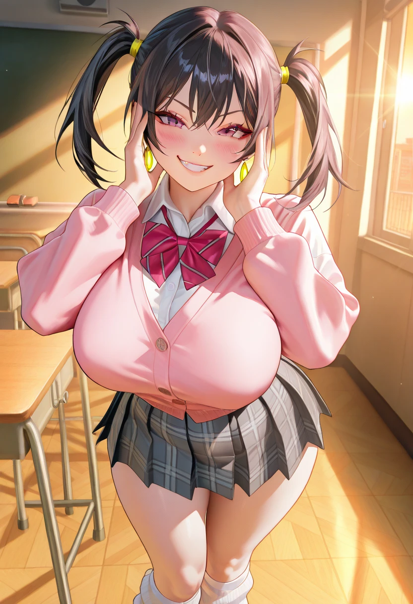 big lips, brown hair, pink eyes, japanese face, gyaru, two side up, huge breasts, wide hips, sexy, pink theme, kawaii, detailed, pink room, decora, bangs, evil grin, gyaru outfit, kawaii, pleated skirt, punk, goth, pink and black outfit, plaid skirt, punk shirt, choker