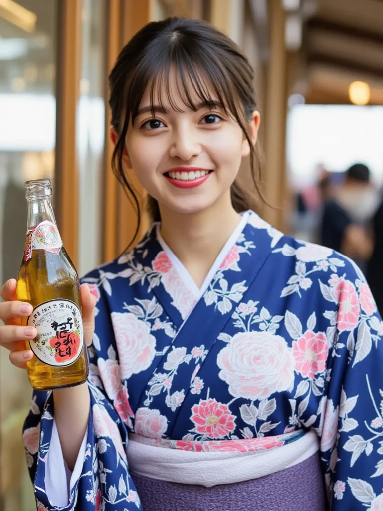 there is a woman beer in hand glass in her hand, classy yukata, Beer Advertising, yukata, In kimono, wearing a haori, Japan in the 1990s, Japanese Kimono, liquor, beer in hand!!, Japanese women, Japanese Model, Japanese style, Have a beer, Yasumoto Oka, In kimono, eiko ishioka