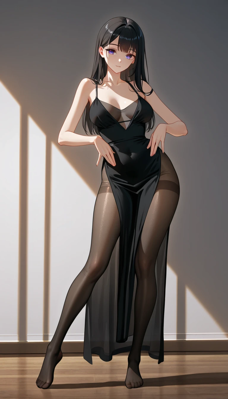 ((masterpiece)),(top quality),(best quality),(((ultra-detailed , 8k quality))), (large masterpiece digital art), (detailed manga ilustration) ,(detailed line art) ,((perfect anatomy)), extremely detailed body, extremely detailed legs, perfect legs, BREAK, Lady wearing a ((long elegant black dress)) with extreme golden details that reveal one leg.