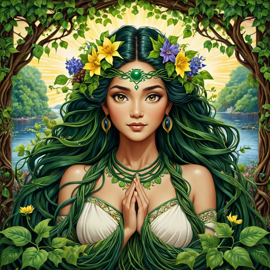 Imagine a paradisiacal setting, where nature exudes its exuberance and vitality. In this environment, the orixá Ewá, a deity of the Yoruba pantheon associated with fertility, flowering and renewal, reveals herself in all her magnificence.
In the painting, highlight the radiant figure of Ewá in the foreground. She is portrayed as a young and graceful woman with a soft skin and a serene smile. Her long black hair is adorned with colorful flowers, which symbolize her connection with flora and the renewal of nature.
Around Ewá, represent elements that highlight your connection with the vegetation and the beauty of the land. Paintings of lush flowers and tropical plants can wrap around your body, creating a mantle of life and vitality. Butterflies and colorful birds may be present, symbolizing transformation and freedom.
On Ewá's face, he caught a soft, radiant expression. His eyes convey the wisdom and serenity of nature, while his features emanate the energy of renewal and flourishing. Subtle details on your skin can suggest an inner luminosity, highlighting your divine connection to the earth.
Use a vibrant and lush color palette to convey the energy of nature and fertility. Shades of green, pink, yellow and orange can predominate, creating an atmosphere of joy and abundance. Use soft, flowing brushstrokes to convey the fluidity and vitality of the scene.