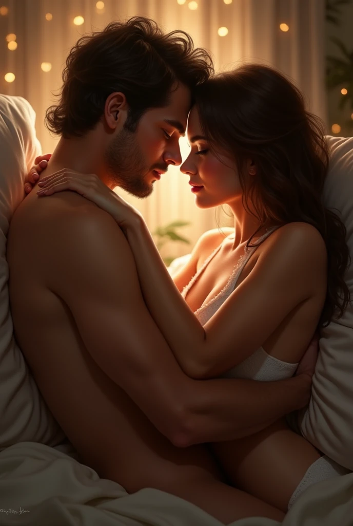 a man laying on his bed, a woman beside him half-naked, detailed facial features, beautiful detailed eyes, beautiful detailed lips, extremely detailed eyes and face, long eyelashes, masterpiece, 4k, realistic, photorealistic, ultra-detailed, studio lighting, physically-based rendering, professional, vivid colors, bokeh, natural lighting, chiaroscuro, romantic, sensual