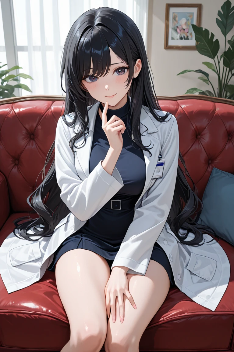black hair, hair behind ear, straight hair, coke-bottle glasses, mole under eye, Social realism, ray tracing, cowboy shot, anatomically correct, textured skin, high details, high quality, best quality, super detail, 8k, Female doctor, white coat, hospital, Examination room, examining a patient, looking at a chart, (sitting cross-legged in a chair)