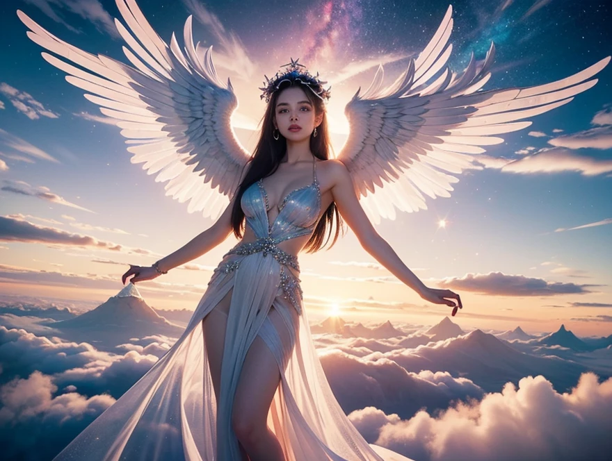 "Create an image of an angel with large, elegant wings and a long, flowing white dress, standing gracefully on a cloud. The background should feature a vibrant rainbow stretching across the sky."