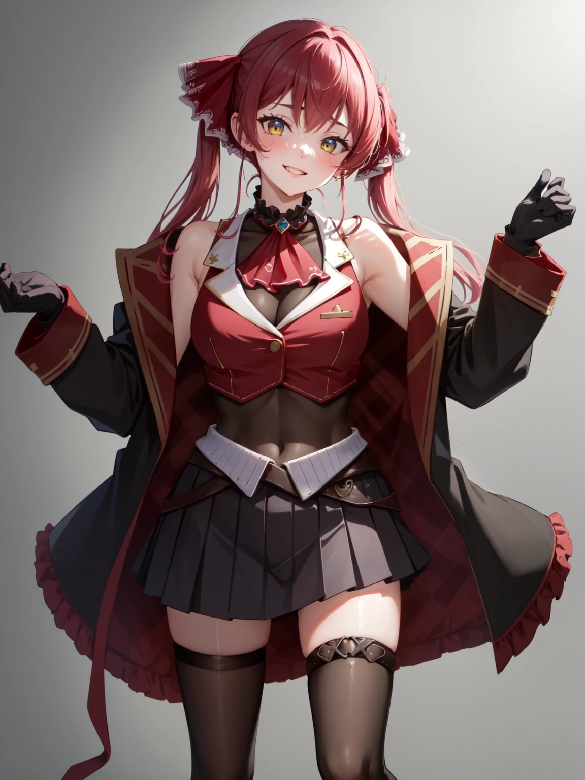 ​masterpiece、top-quality、女の子1人、Virtual Youtuber、Minato Aqua、multi color hair、Twin-tailed、Color Inner Hair、Two-tone hair、Drill Hair、twin drills、Ahoge、Ankle Cuffs、striated hair、white bow、Cowboy Shots,Smile,Opening Mouth,absurderes,Bicorn, houshouBase, Hair Ribbon, frilled choker, Red Ascot, Leotard, Leotards under clothes, Red jacket, Cropped jacket, sleeveless jacket, Black coat, off shoulders, Bicorn, Red skirt, Miniskirt, Leather Belt, black thighhighs,ocean,Hands on hips