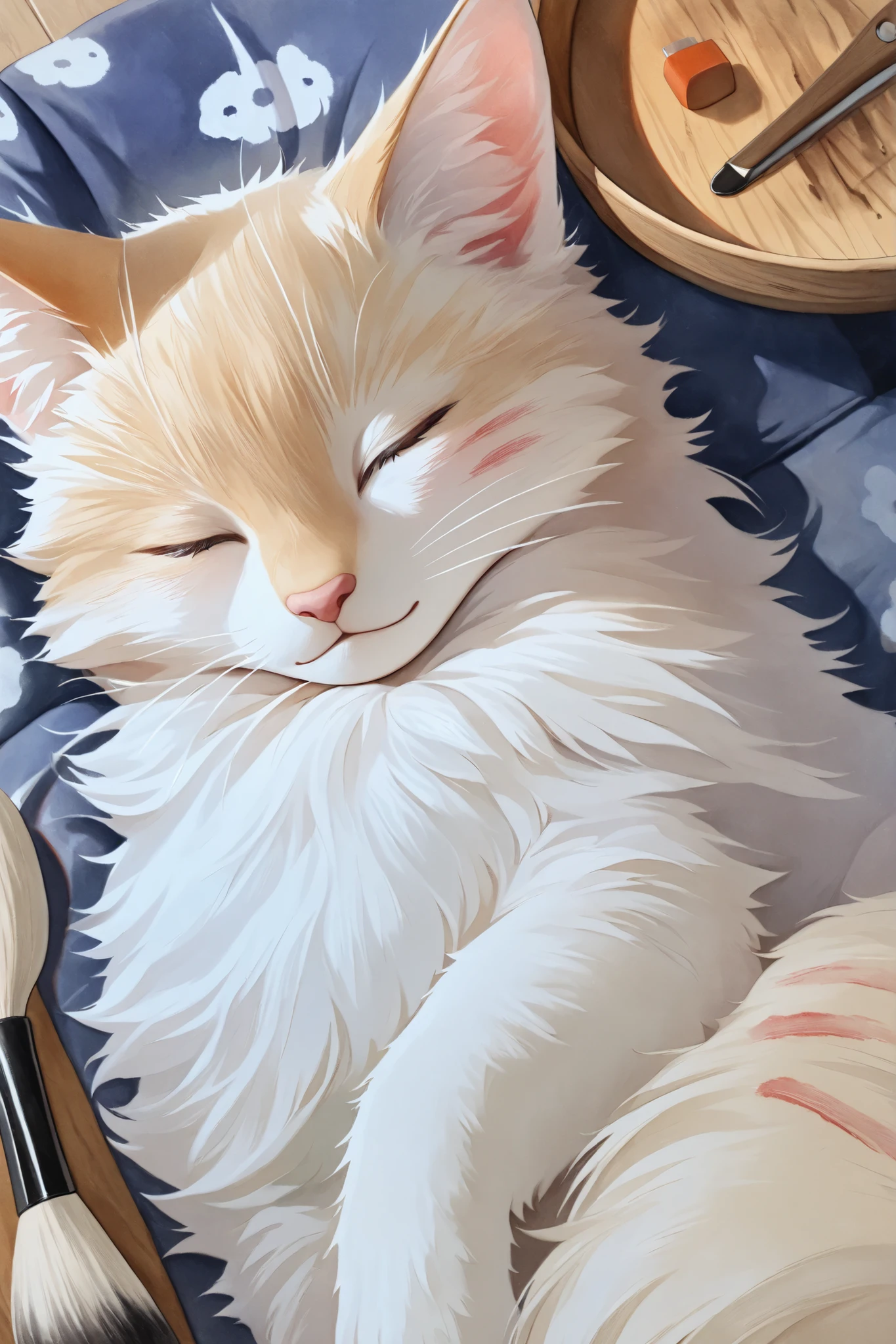 absurdres, highres, ultra detailed, HDR, master
, best quality, Fluffy kitten is sleeping happily, Watercolor painting, 2D picture , Brush marks, comic style, Cute Pastel