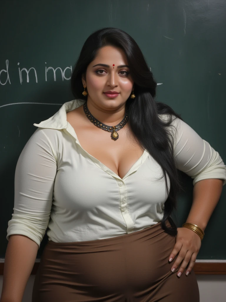 MILF, , BBW,NSFW, photo vintage, visage feminin parfait, ANUSHKA ,Free loose hair, tache de rousseur, 1969, big huge breasts : 38H, FRONT VIEW, ( SEXY COTTON SAREE, BLOUSE OPEN V-NECK VERY OPEN ,BIG CLEAVAGE, BEAUTIFUL EYES, BEAUTIFUL HANDS, LIGHT SMILES, PERFECT FACE,, tres long décolleté, ARCHIVE, TEACHER, BACKGROUND D : IN FRONT OF A BLACKBOARD IN A CLASSROOM, BIG LONG , perfect shoulder.