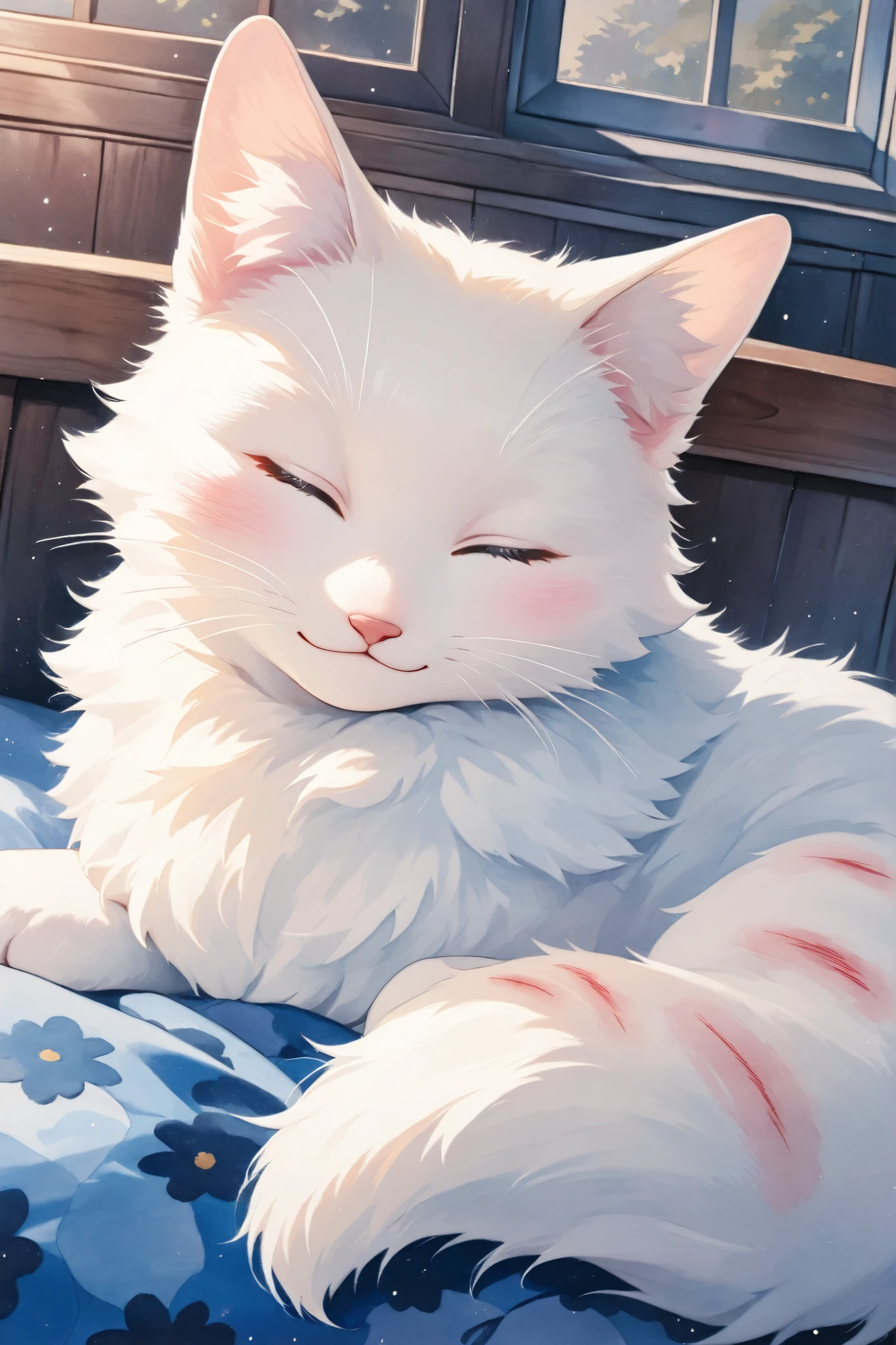 absurdres, highres, ultra detailed, HDR, master
, best quality, Fluffy kitten is sleeping happily, Watercolor painting, 2D picture , Brush marks, comic style, Cute Pastel