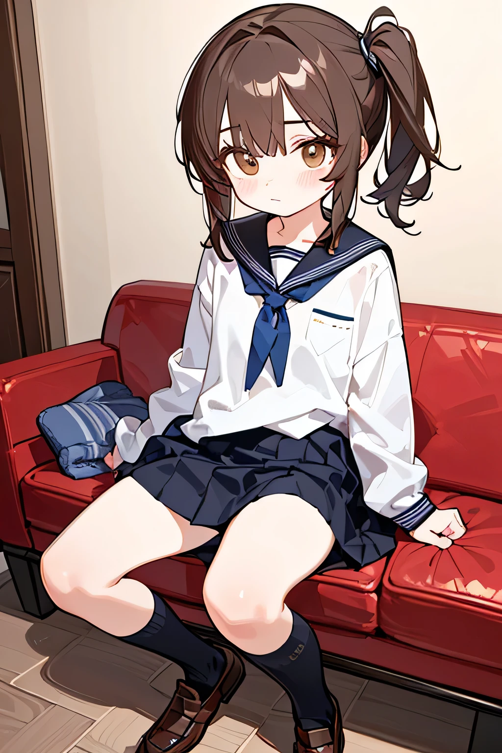 Dark，（side ponytail hair）， natural body，（JK school uniform，Skirt，knee-high socks that hide in knits，loafers，），Detailed Clothes，（ Lori figure，small ），brown hair，young face，